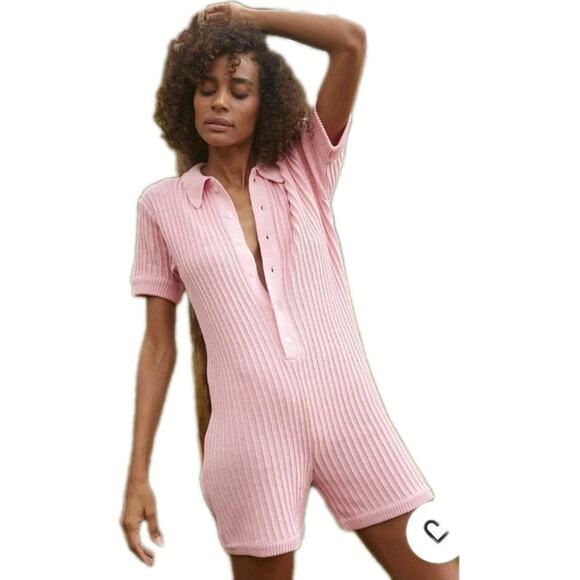 Free People Ryder Knit Romper By Rue Stiic Size S/ M Pink Ribbed Collared Soft - Picture 2 of 11